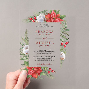 Invitations En Acrylique Mariage de Noël rustique au poinsettia