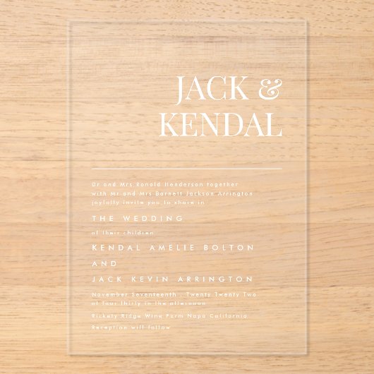 Invitations En Acrylique Mariage de noms élégants modernes (Recto)