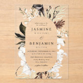 Invitations En Acrylique Mariage de plage Floral noir & blanc (Recto)