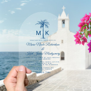 Invitations En Acrylique Mariage de plage formel au palmier à monogramme él