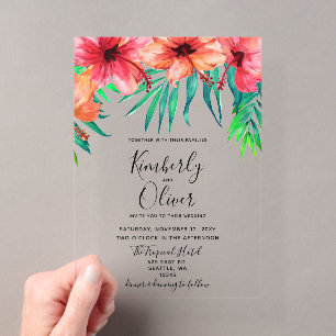 Invitations En Acrylique Mariage de plage hawaïen à l'hibiscus tropical
