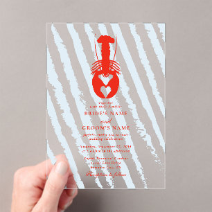 Invitations En Acrylique Mariage de plage nautique Cœur de homard Rayures b