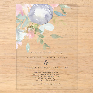 Invitations En Acrylique Mariage de printemps pastel Fleurs Bleu poussiéreu
