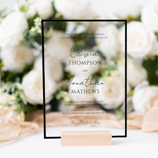 Invitations En Acrylique Mariage de script blanc à bordure noire simple