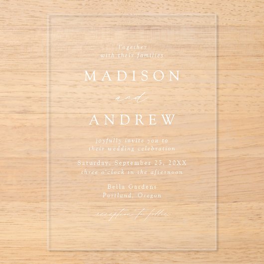Invitations En Acrylique Mariage de script blanc élégant et moderne (Recto)