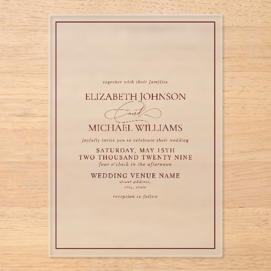 Invitations En Acrylique Mariage de script classique de Bourgogne (Recto)