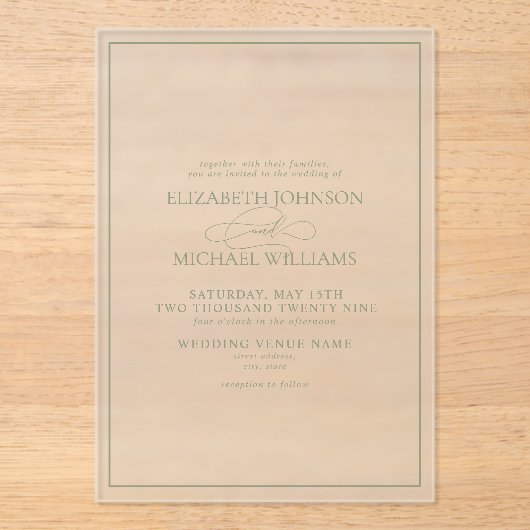 Invitations En Acrylique Mariage de script classique de Sage Vert (Recto)