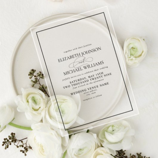 Invitations En Acrylique Mariage de script classique en noir et blanc
