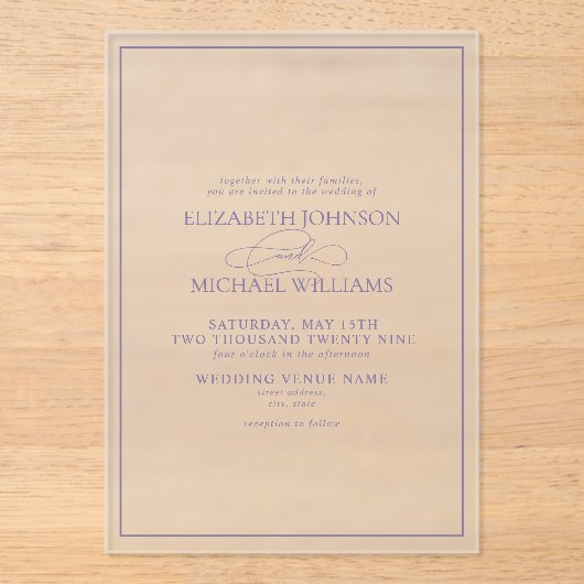 Invitations En Acrylique Mariage de script classique Lavender Lilac (Recto)
