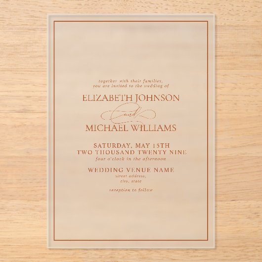 Invitations En Acrylique Mariage de script classique orange brûlé (Recto)