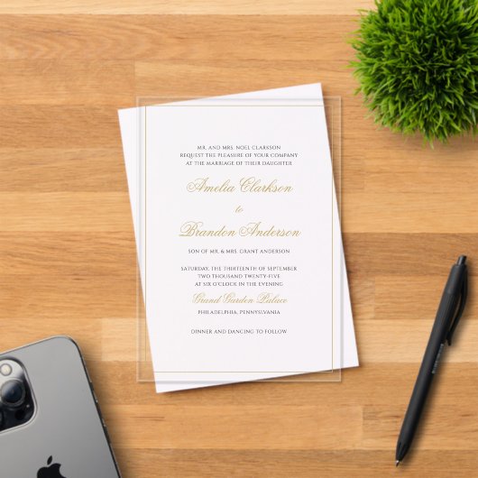 Invitations En Acrylique Mariage de script de bordure noir et or classique (Insitu (Carte d'invitation))