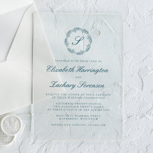 Invitations En Acrylique Mariage de script de monogramme bleu Turquoise cla
