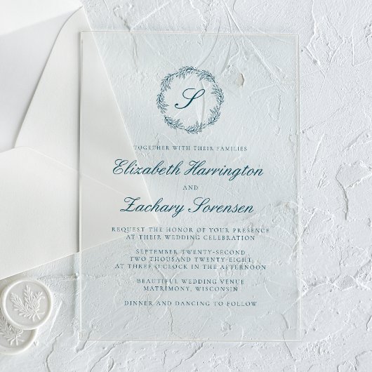 Invitations En Acrylique Mariage de script de monogramme bleu Turquoise cla
