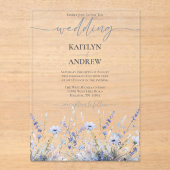 Invitations En Acrylique Mariage de script élégant à fleurs sauvages bleues (Recto)