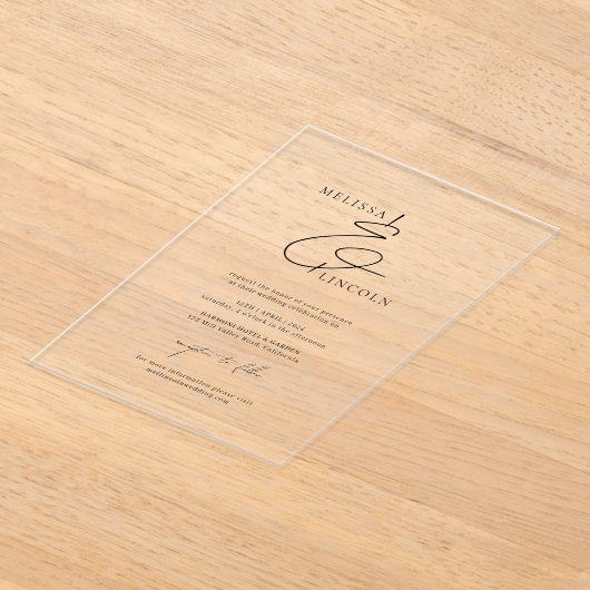 Invitations En Acrylique Mariage de script élégant noir et blanc classique (Poser)