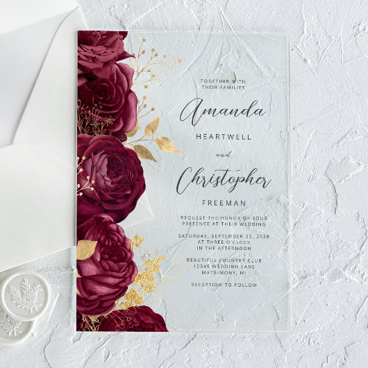 Invitations En Acrylique Mariage de script Floral Or Bourgogne