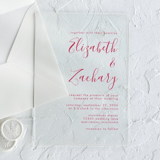 Invitations En Acrylique Mariage de script Magenta minimal moderne