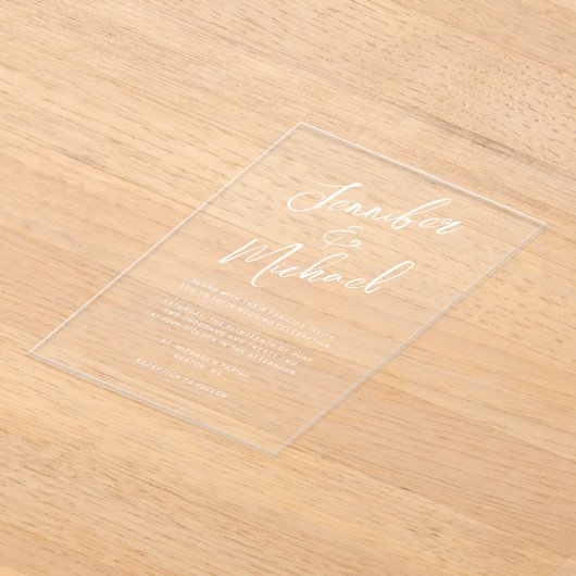 Invitations En Acrylique Mariage de script moderne à main blanche (Poser)