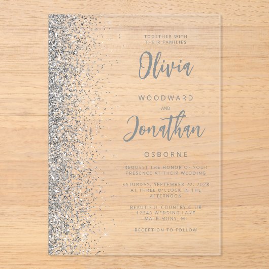 Invitations En Acrylique Mariage de script moderne Parties scintillant arge (Recto)