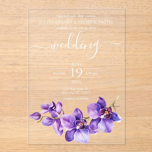 Invitations En Acrylique Mariage de script orchidée violet (Recto)