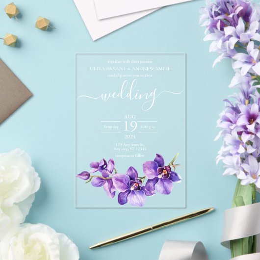 Invitations En Acrylique Mariage de script orchidée violet (Insitu (Mariage))