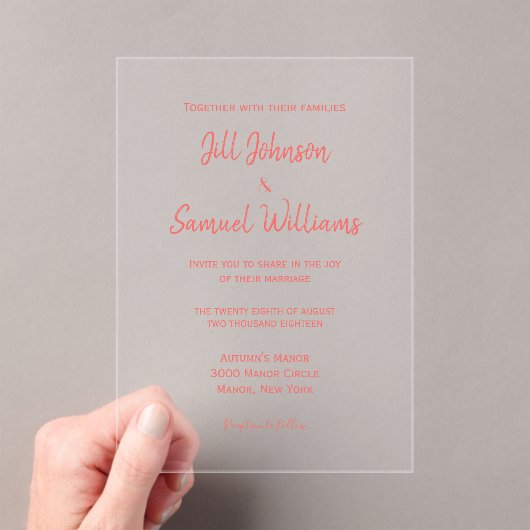 Invitations En Acrylique Mariage de script rose minimal moderne (In situ (ordinateur de poche))