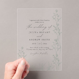Invitations En Acrylique Mariage de script vert blanc et saga