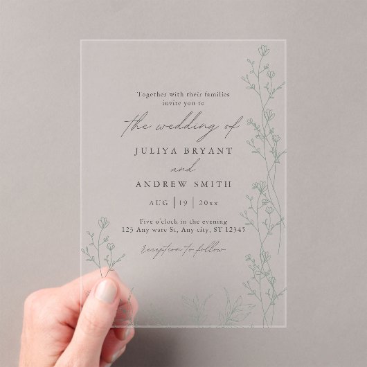 Invitations En Acrylique Mariage de script vert blanc et saga (In situ (ordinateur de poche))