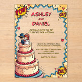 Invitations En Acrylique Mariage de style comique Retro Bride & Groom Pop (Recto)