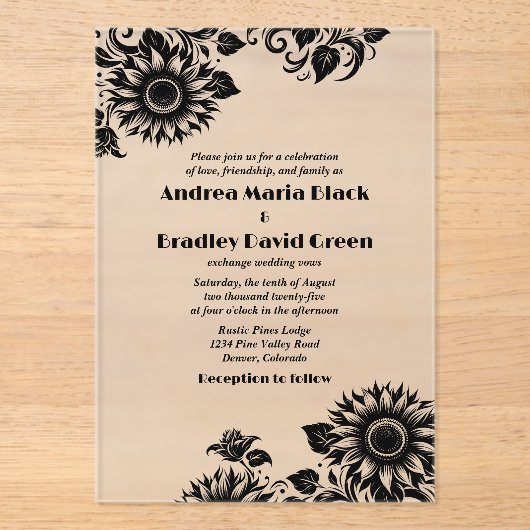 Invitations En Acrylique Mariage de tournesol en lin blanc noir (Recto)
