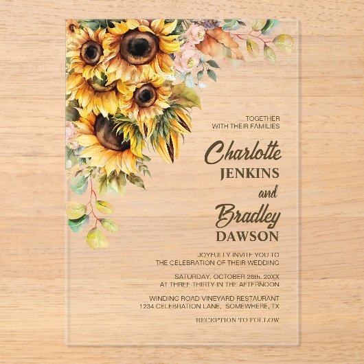 Invitations En Acrylique Mariage de tournesol rustique (Recto)