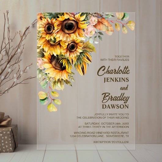 Invitations En Acrylique Mariage de tournesol rustique