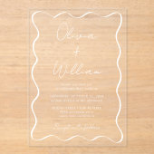 Invitations En Acrylique Mariage de trame Wavy Script blanc chic (Recto)