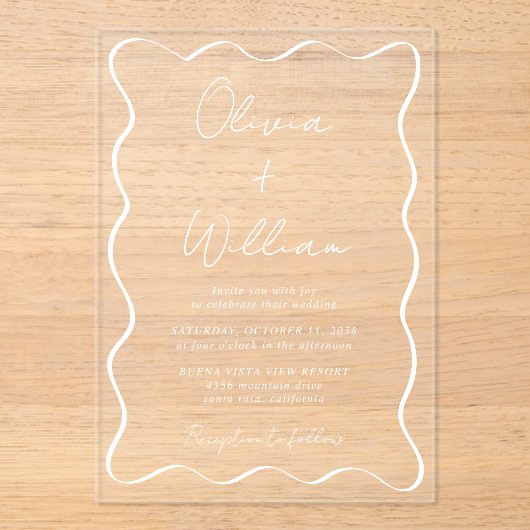 Invitations En Acrylique Mariage de trame Wavy Script blanc chic (Recto)