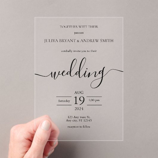Invitations En Acrylique Mariage de typographie simple noir et blanc (In situ (ordinateur de poche))