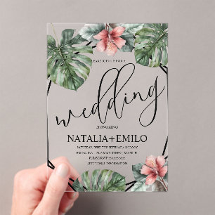 Invitations En Acrylique Mariage de verdure de branche de Monstera à l'aqua
