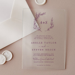 Invitations En Acrylique Mariage de verdure pour monogramme d'aubergine à f