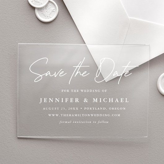 Invitations En Acrylique Mariage décontracté de script blanc Enregistrer la