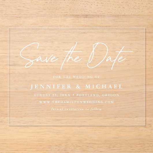 Invitations En Acrylique Mariage décontracté de script blanc Enregistrer la (Recto)