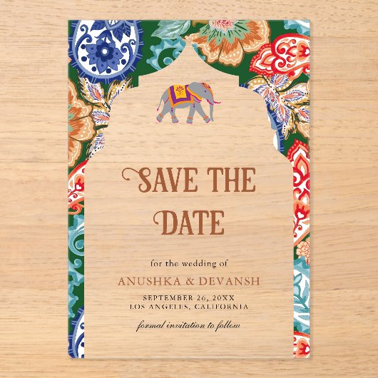 Invitations En Acrylique Mariage d'éléphants d'art populaire indien Sauvez  (Recto)