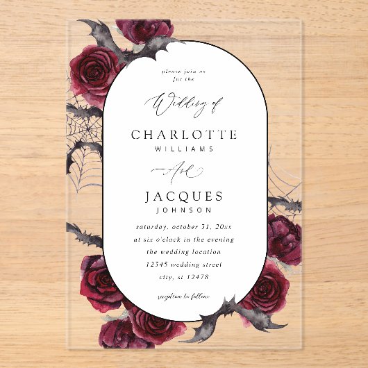 Invitations En Acrylique Mariage des chauves-souris d'Halloween Rose rouge (Recto)