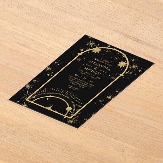 Invitations En Acrylique Mariage des étoiles célestes mystiques d'or noir (Poser)