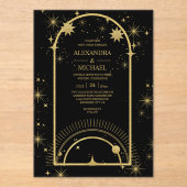 Invitations En Acrylique Mariage des étoiles célestes mystiques d'or noir (Recto)
