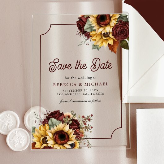 Invitations En Acrylique Mariage des Tournesols Rose de Bourgogne Sauvez la