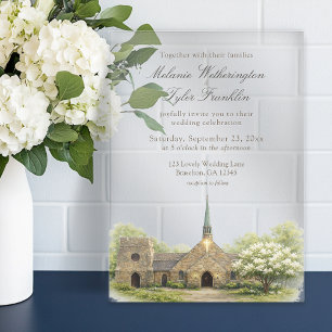 Invitations En Acrylique Mariage d'été à la chapelle en pierre aquarelle
