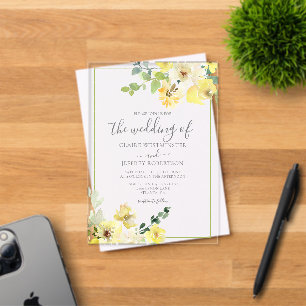 Invitations En Acrylique Mariage d'été délicat jaune floral vert sauge