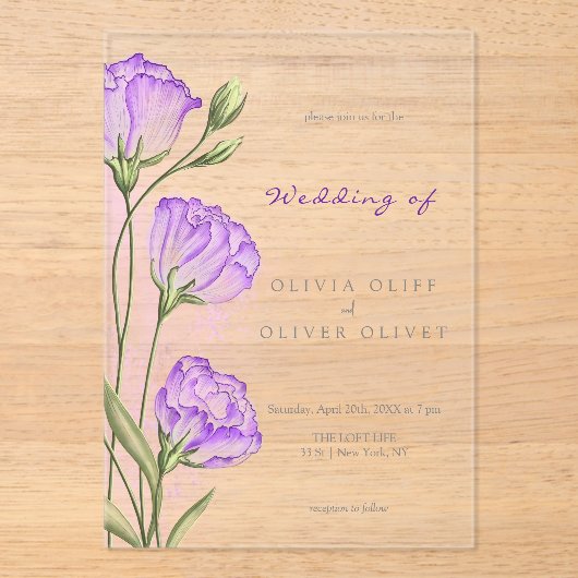 Invitations En Acrylique Mariage d'Eustomas pourpre (Recto)