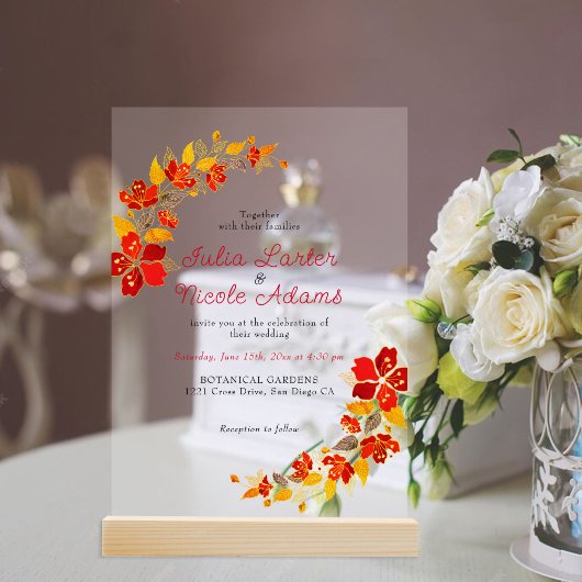 Invitations En Acrylique Mariage d'hibiscus tropicaux d'Orange brulé