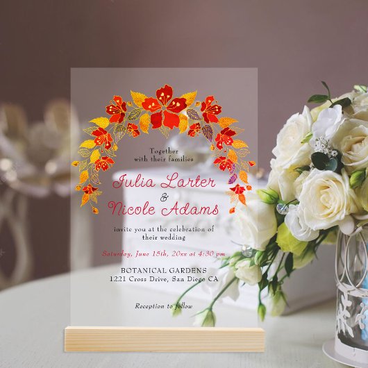 Invitations En Acrylique Mariage d'hibiscus tropicaux d'Orange brulé