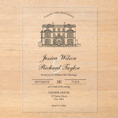 Invitations En Acrylique Mariage d'illustrations du manoir de lieu dessiné  (Recto)